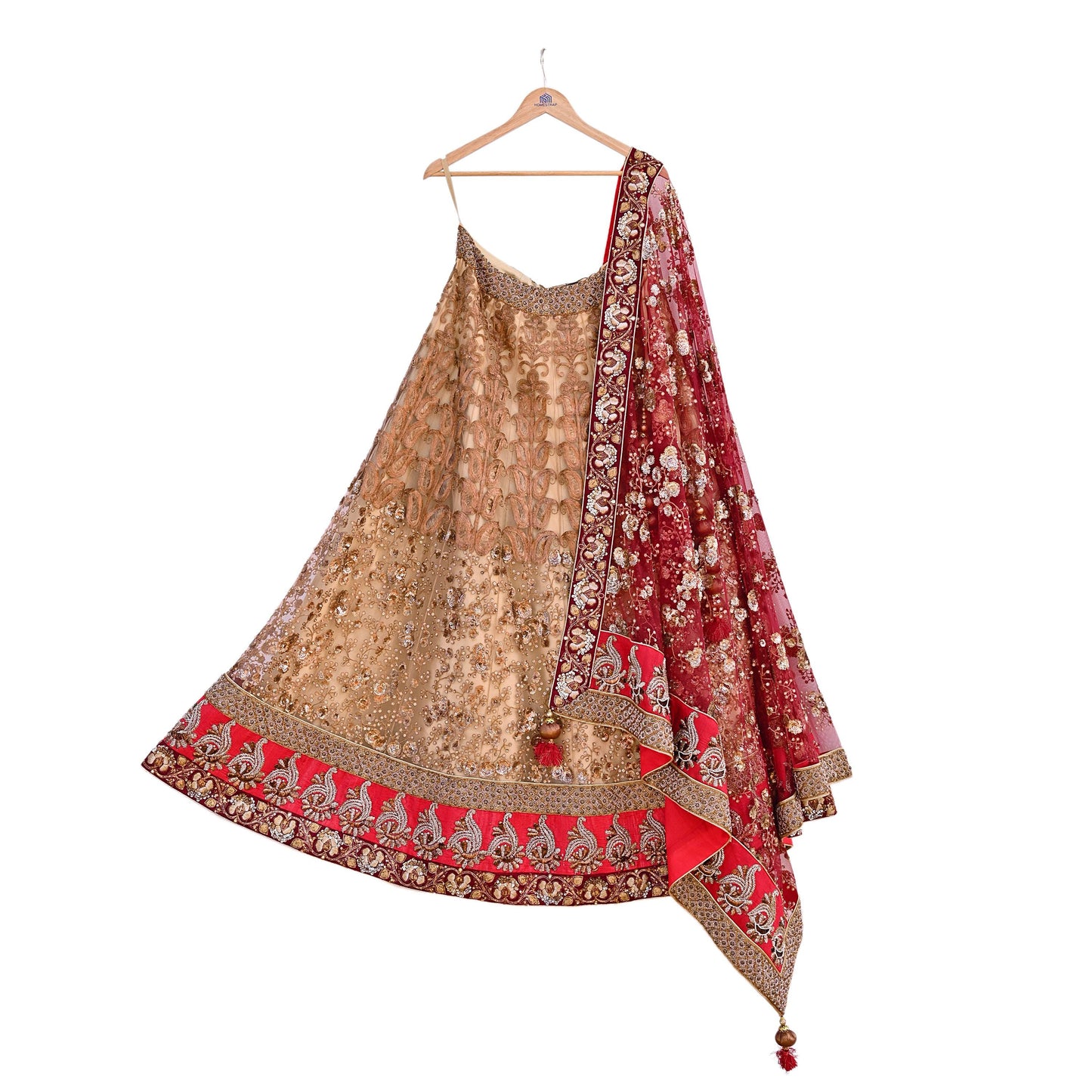 Indian Heavy Maroon & Beige Mesh/Net Hand Embroidered Lehenga 2pcs Set By Designer Sabyasachi Bridal Wear