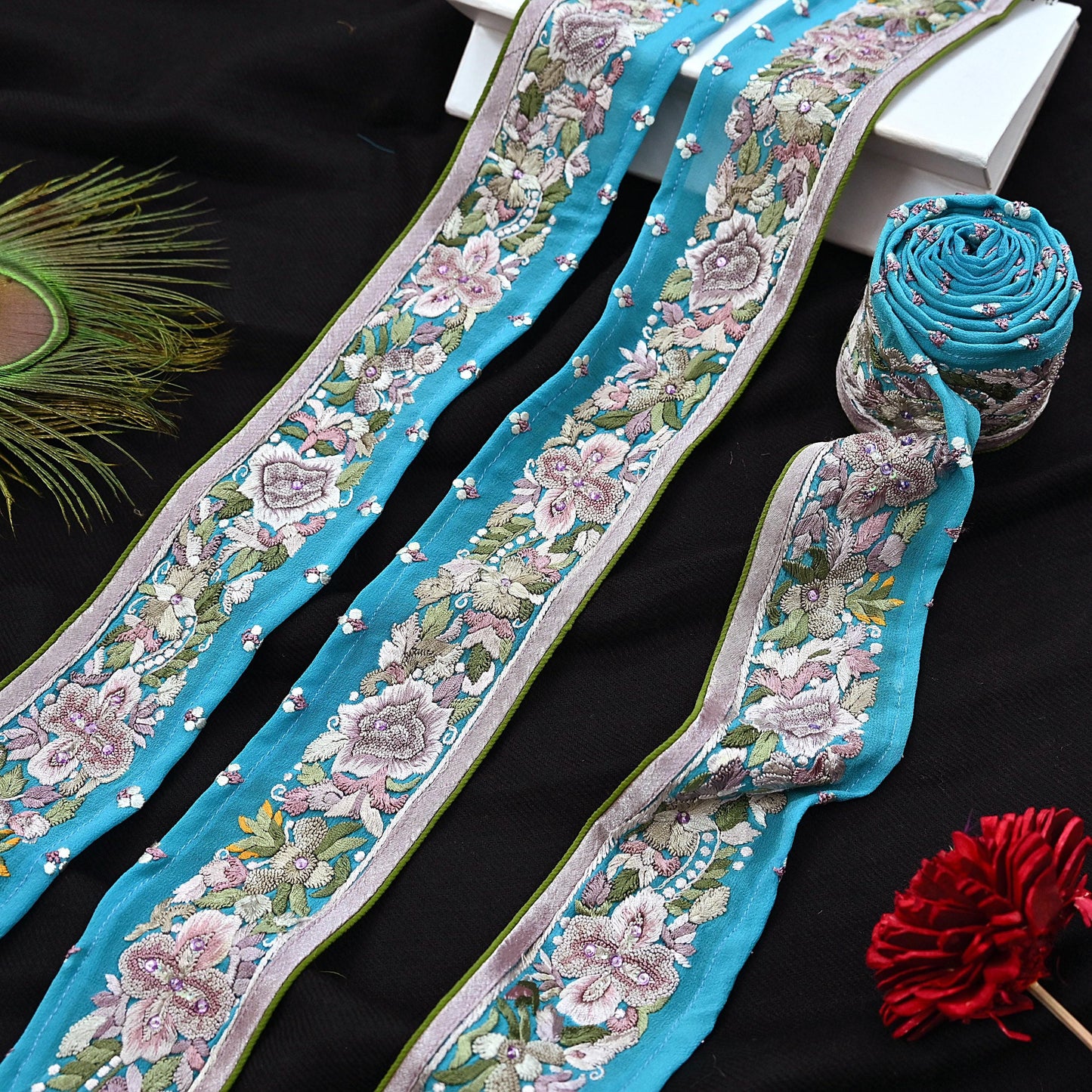 Indian Antique Vintage Real Parsi Gara Border Hand Embroidered Craft Trim Lace Sewing Saree Ribbon Recycled 1yard Pure Georgette Silk