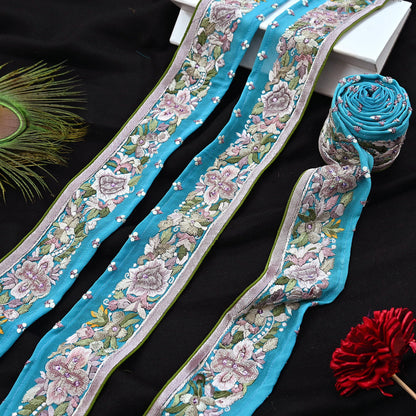 Indian Antique Vintage Real Parsi Gara Border Hand Embroidered Craft Trim Lace Sewing Saree Ribbon Recycled 1yard Pure Georgette Silk