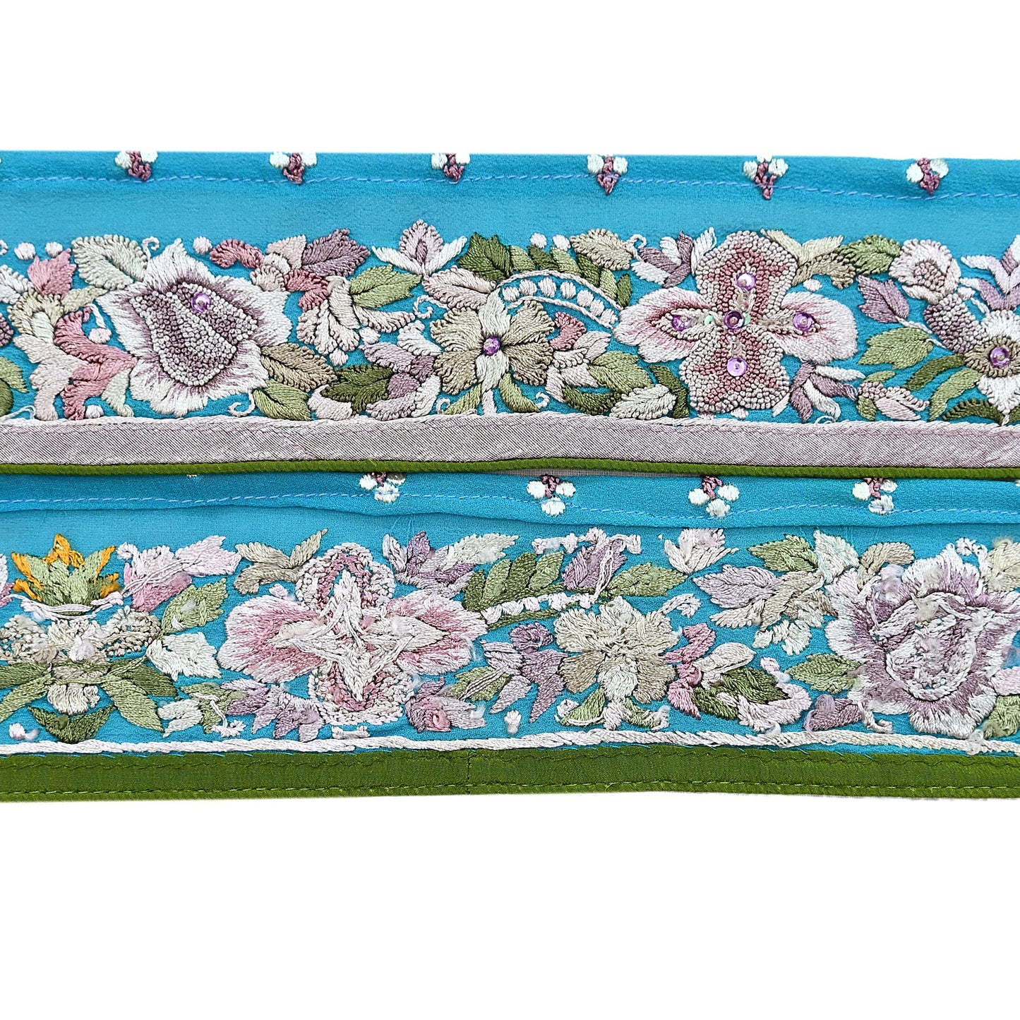 Indian Antique Vintage Real Parsi Gara Border Hand Embroidered Craft Trim Lace Sewing Saree Ribbon Recycled 1yard Pure Georgette Silk