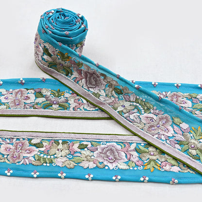 Indian Antique Vintage Real Parsi Gara Border Hand Embroidered Craft Trim Lace Sewing Saree Ribbon Recycled 1yard Pure Georgette Silk