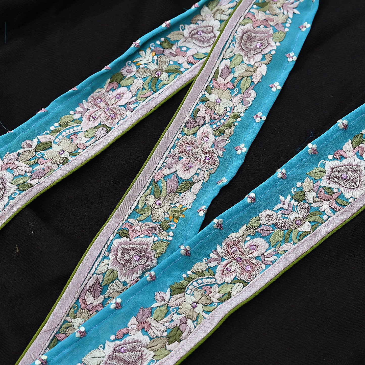 Indian Antique Vintage Real Parsi Gara Border Hand Embroidered Craft Trim Lace Sewing Saree Ribbon Recycled 1yard Pure Georgette Silk