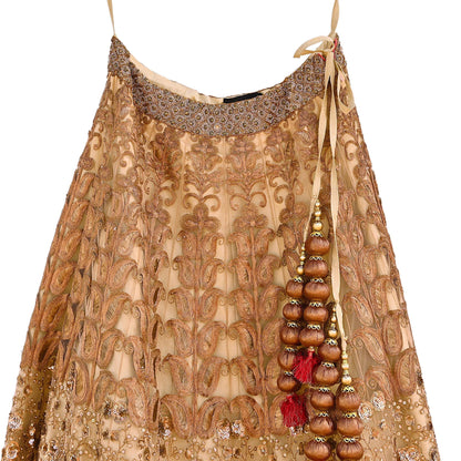 Indian Vintage Heavy Beige Net/Mesh Hand Embroidered Lehenga Skirt By Designer Sabyasachi Bridal Wear Dabka/ Zardozi