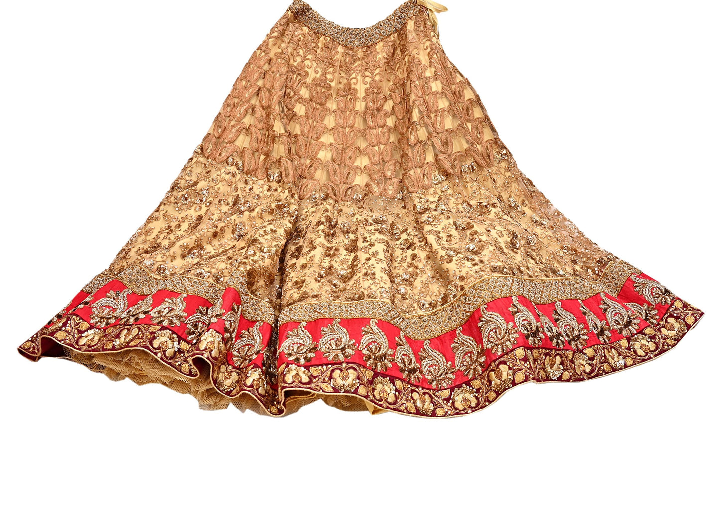 Indian Vintage Heavy Beige Net/Mesh Hand Embroidered Lehenga Skirt By Designer Sabyasachi Bridal Wear Dabka/ Zardozi