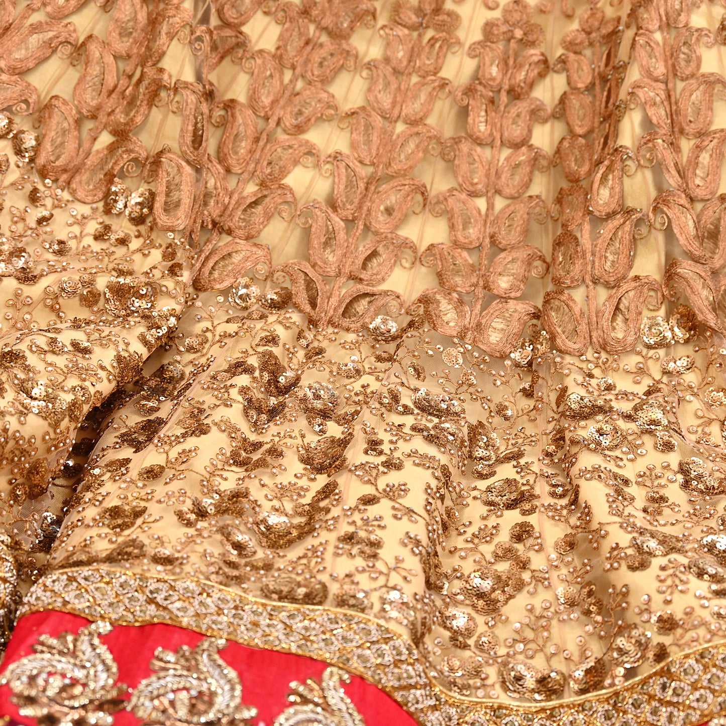 Indian Vintage Heavy Beige Net/Mesh Hand Embroidered Lehenga Skirt By Designer Sabyasachi Bridal Wear Dabka/ Zardozi