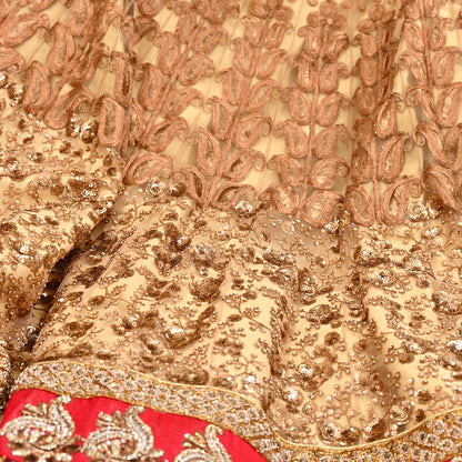Indian Vintage Heavy Beige Net/Mesh Hand Embroidered Lehenga Skirt By Designer Sabyasachi Bridal Wear Dabka/ Zardozi