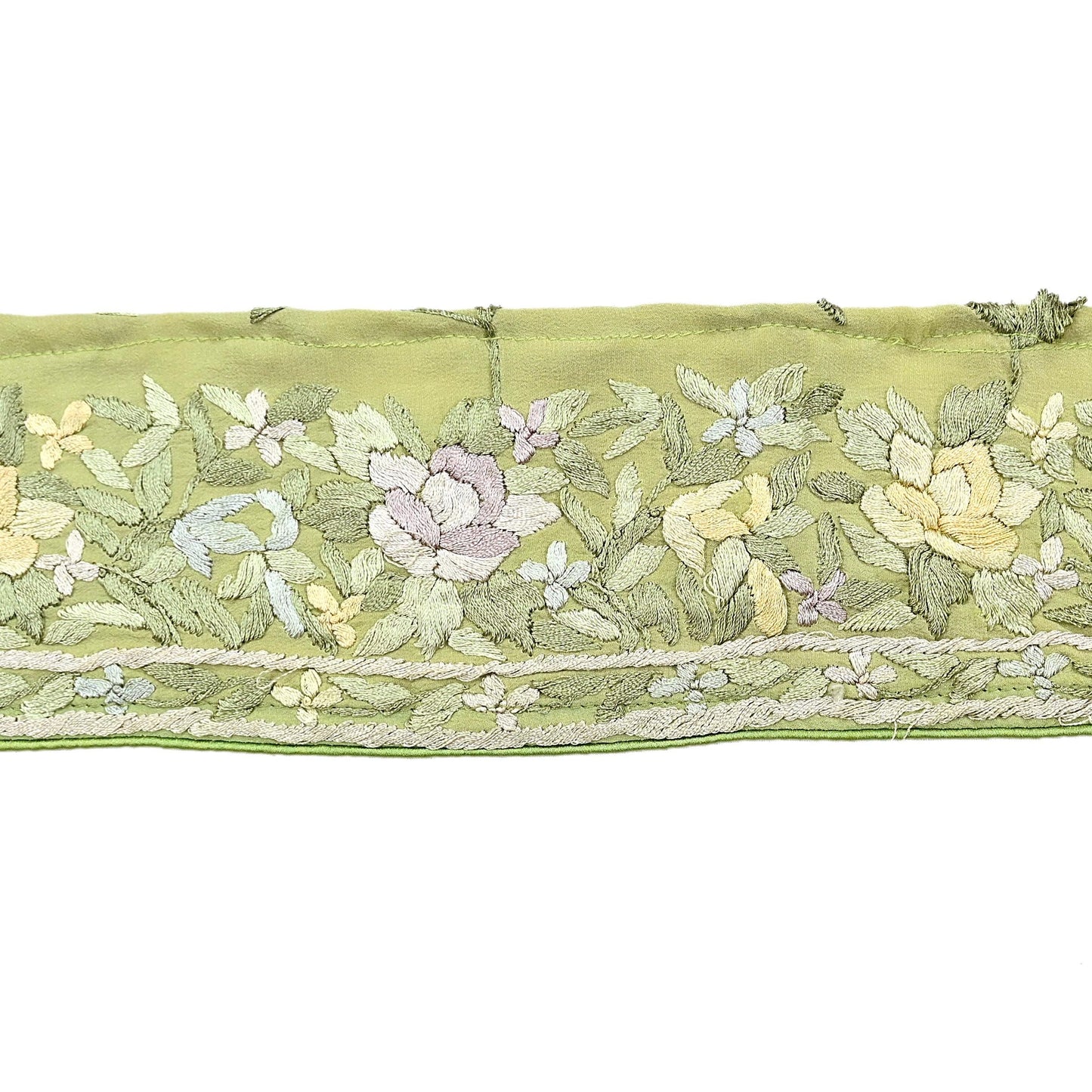 Indian Antique Vintage Real Parsi Gara Border Green Hand Embroidered Craft Trim Lace Sewing Saree Ribbon Recycled 1yard Pure Crepe Silk