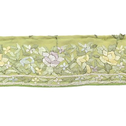 Indian Antique Vintage Real Parsi Gara Border Green Hand Embroidered Craft Trim Lace Sewing Saree Ribbon Recycled 1yard Pure Crepe Silk