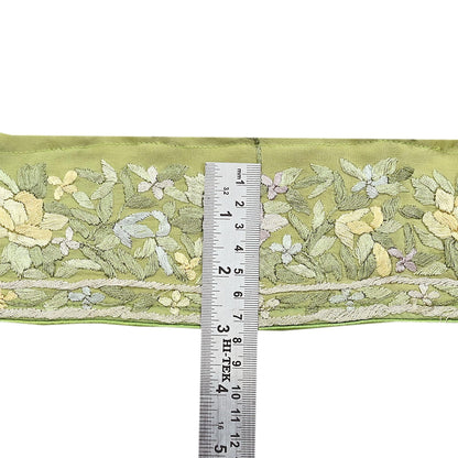 Indian Antique Vintage Real Parsi Gara Border Green Hand Embroidered Craft Trim Lace Sewing Saree Ribbon Recycled 1yard Pure Crepe Silk