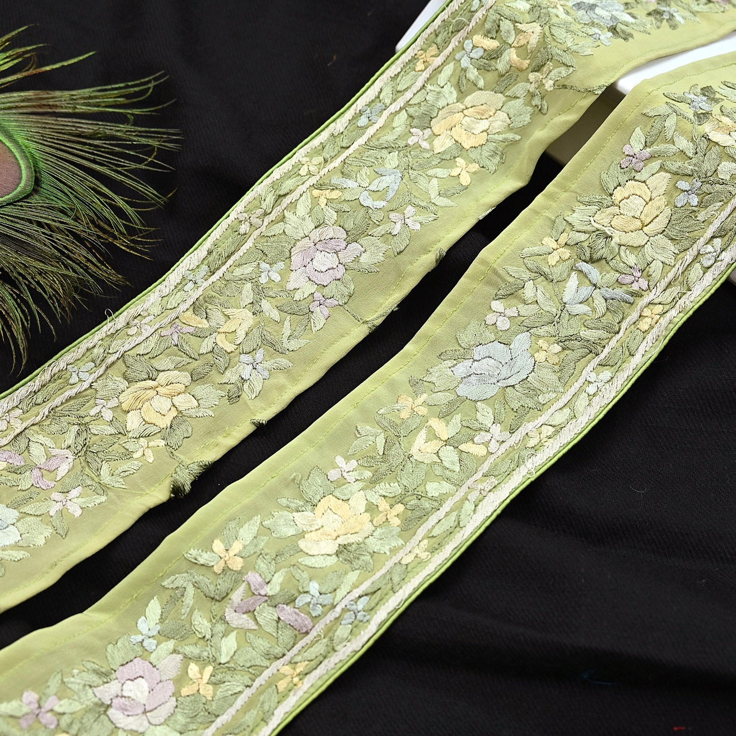 Indian Antique Vintage Real Parsi Gara Border Green Hand Embroidered Craft Trim Lace Sewing Saree Ribbon Recycled 1yard Pure Crepe Silk