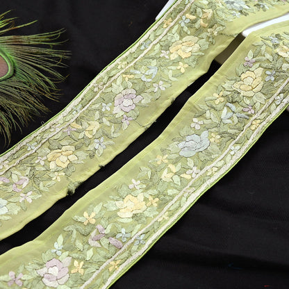 Indian Antique Vintage Real Parsi Gara Border Green Hand Embroidered Craft Trim Lace Sewing Saree Ribbon Recycled 1yard Pure Crepe Silk