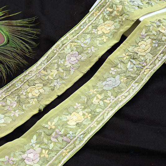 Indian Antique Vintage Real Parsi Gara Border Green Hand Embroidered Craft Trim Lace Sewing Saree Ribbon Recycled 1yard Pure Crepe Silk