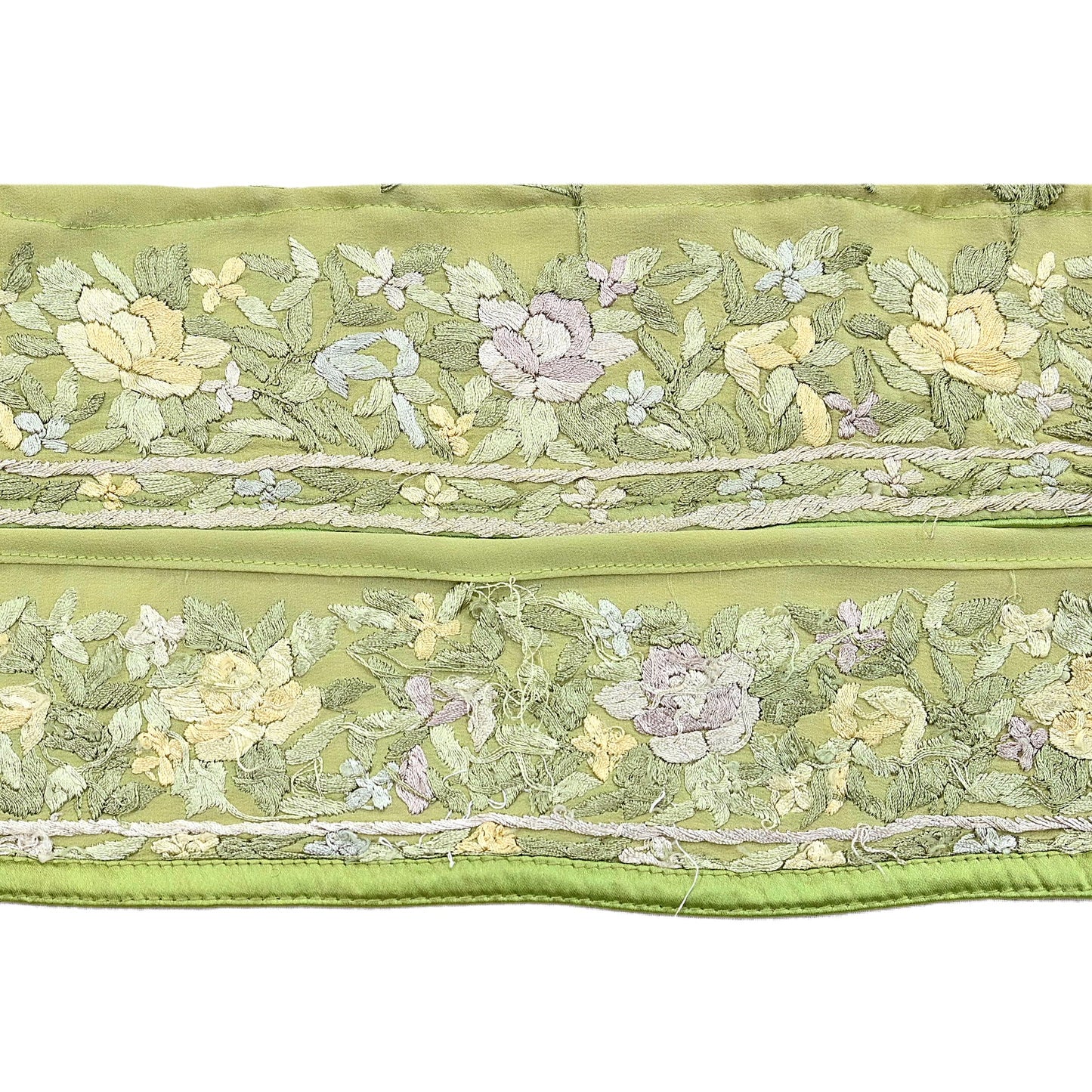 Indian Antique Vintage Real Parsi Gara Border Green Hand Embroidered Craft Trim Lace Sewing Saree Ribbon Recycled 1yard Pure Crepe Silk