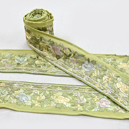 Indian Antique Vintage Real Parsi Gara Border Green Hand Embroidered Craft Trim Lace Sewing Saree Ribbon Recycled 1yard Pure Crepe Silk