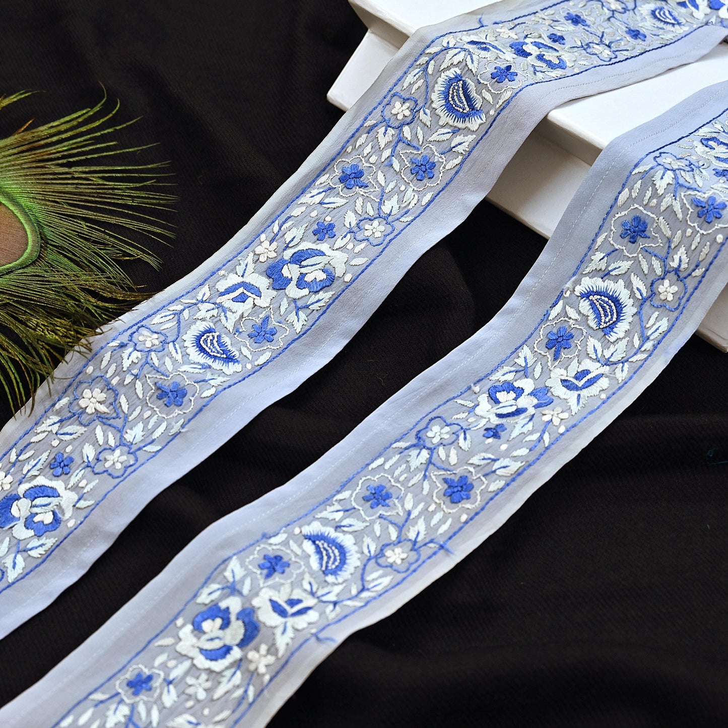 Indian Antique Vintage Real Parsi Gara Border Gray Hand Embroidered Craft Trim Lace Sewing Saree Ribbon Recycled 1yard Pure Crepe Silk