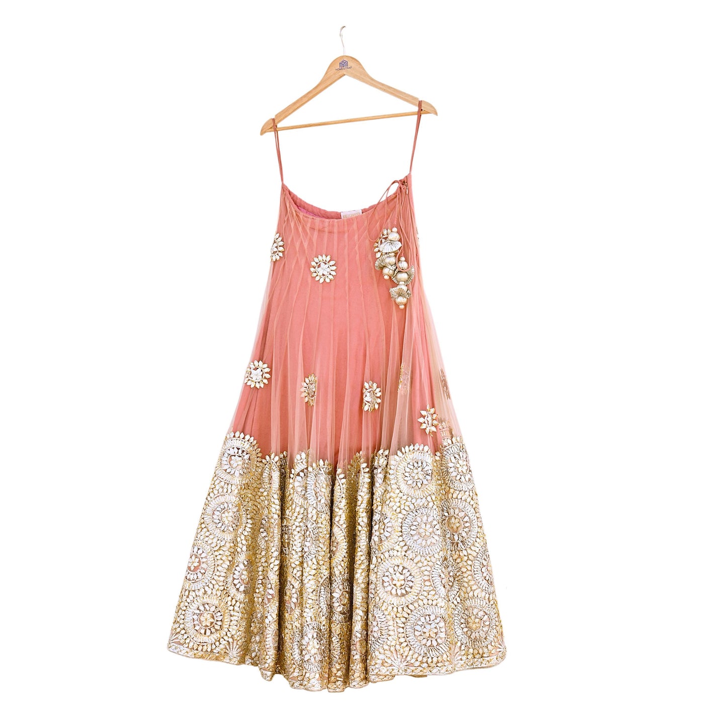 Pre-Owned Designer Abu Jani Hand Embroidered Peach Net Lehenga Skirt with Gota Patti Work Bridal Couture Heavy Indian Wear