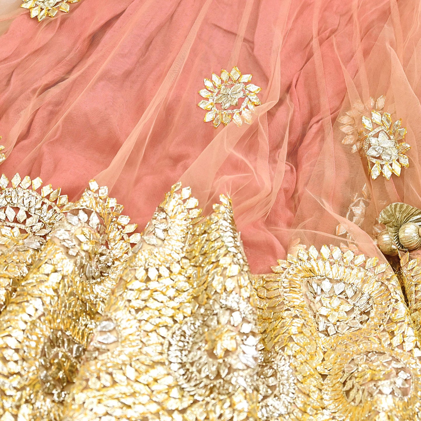 Pre-Owned Designer Abu Jani Hand Embroidered Peach Net Lehenga Skirt with Gota Patti Work Bridal Couture Heavy Indian Wear