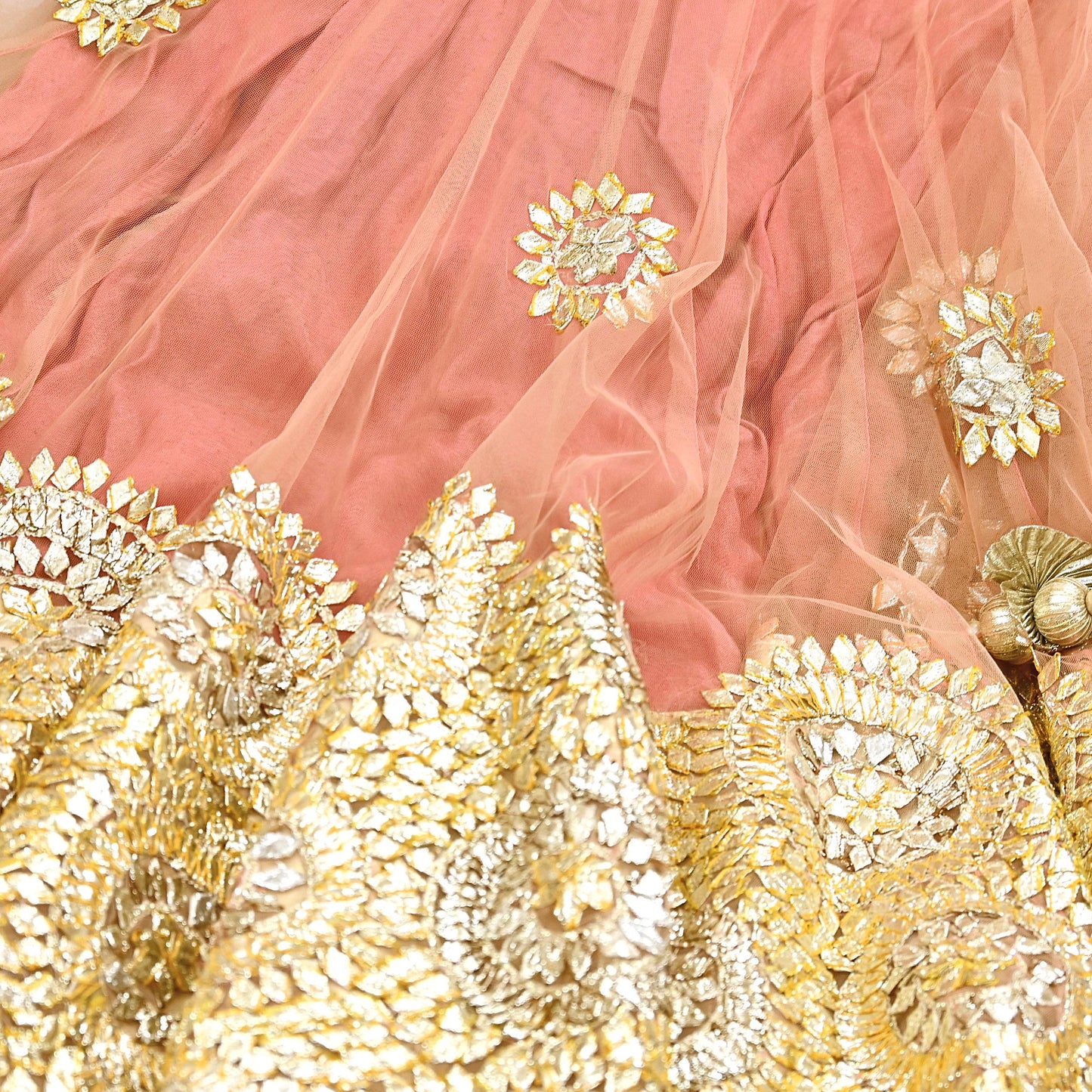 Pre-Owned Designer Abu Jani Hand Embroidered Peach Net Lehenga Skirt with Gota Patti Work Bridal Couture Heavy Indian Wear