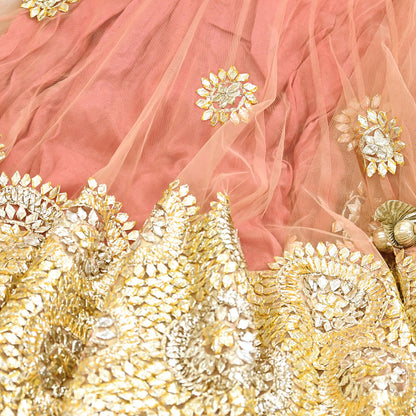 Pre-Owned Designer Abu Jani Hand Embroidered Peach Net Lehenga Skirt with Gota Patti Work Bridal Couture Heavy Indian Wear
