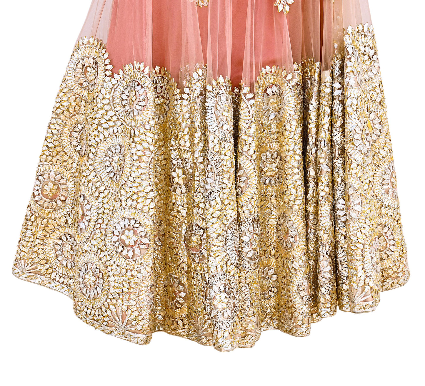 Pre-Owned Designer Abu Jani Hand Embroidered Peach Net Lehenga Skirt with Gota Patti Work Bridal Couture Heavy Indian Wear