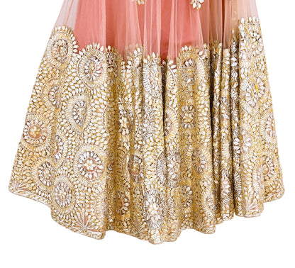 Pre-Owned Designer Abu Jani Hand Embroidered Peach Net Lehenga Skirt with Gota Patti Work Bridal Couture Heavy Indian Wear