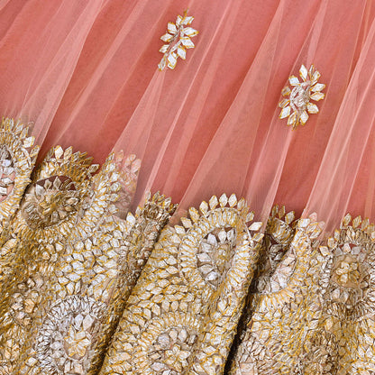 Pre-Owned Designer Abu Jani Hand Embroidered Peach Net Lehenga Skirt with Gota Patti Work Bridal Couture Heavy Indian Wear