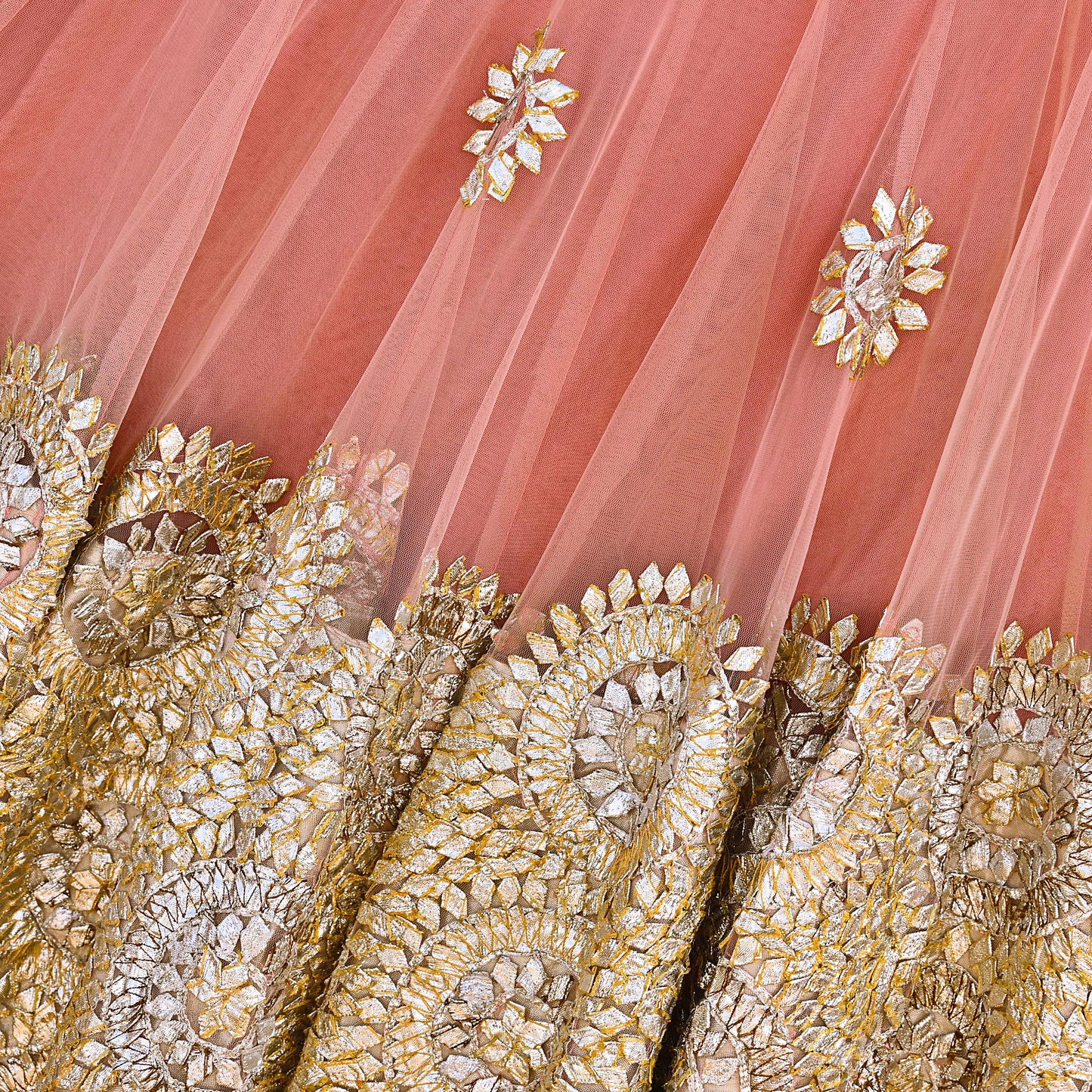 Pre-Owned Designer Abu Jani Hand Embroidered Peach Net Lehenga Skirt with Gota Patti Work Bridal Couture Heavy Indian Wear