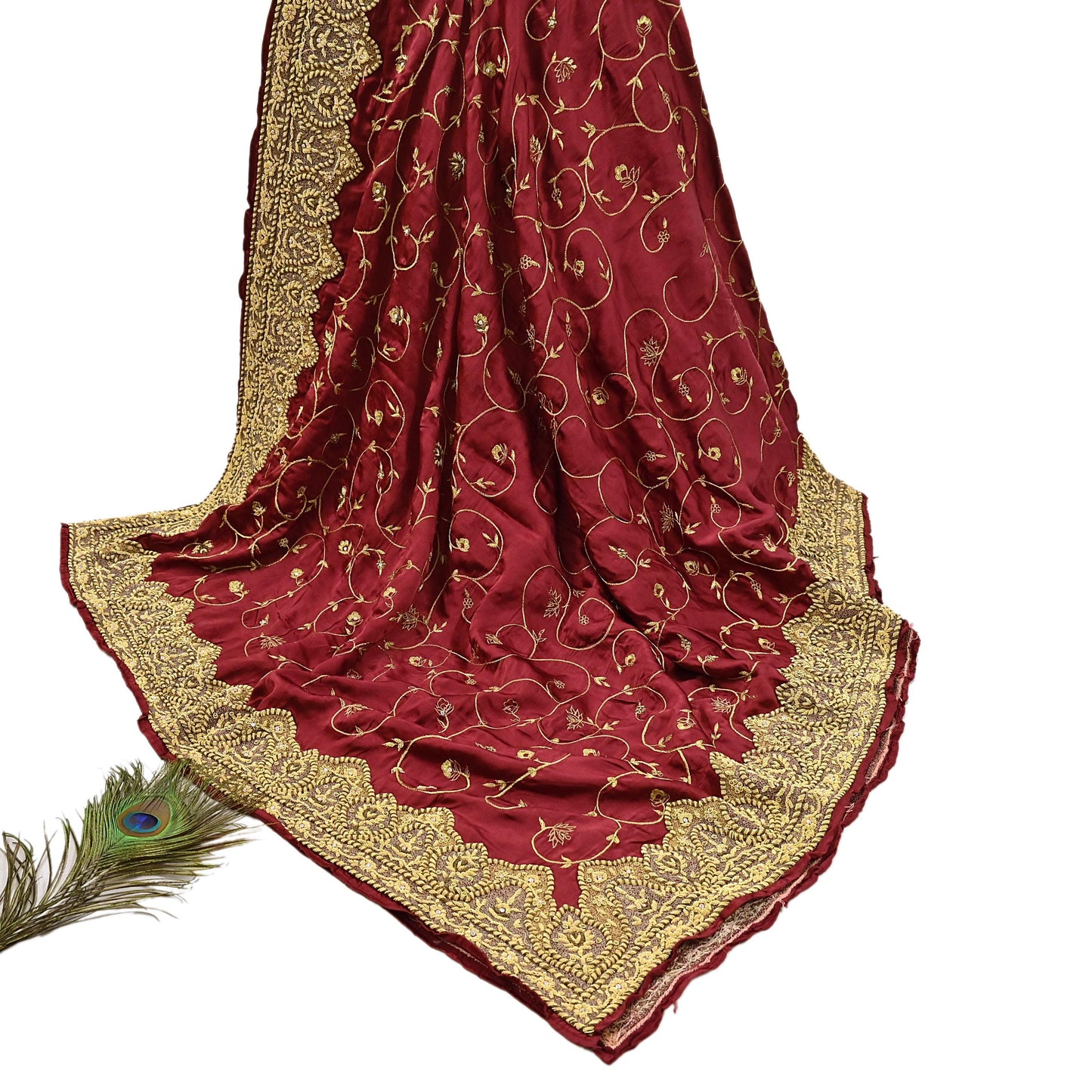 Indian Vintage Heavy Wedding Maroon Dupatta Pure Satin Silk Long Stole Hand Embroidered Scarves Golden Zardozi Bridal Veil