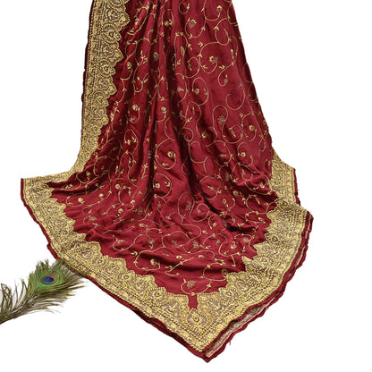 Indian Vintage Heavy Wedding Maroon Dupatta Pure Satin Silk Long Stole Hand Embroidered Scarves Golden Zardozi Bridal Veil