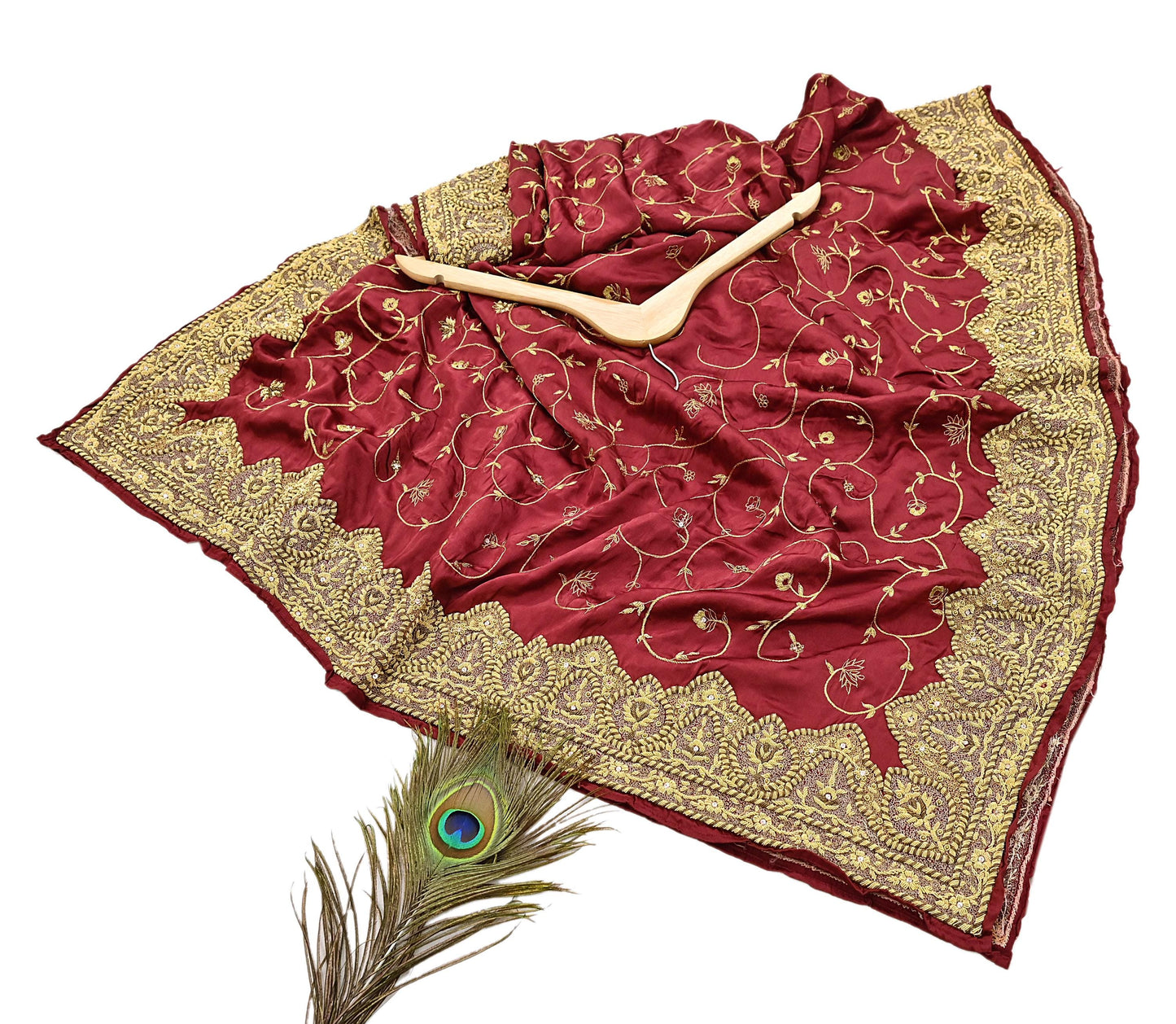 Indian Vintage Heavy Wedding Maroon Dupatta Pure Satin Silk Long Stole Hand Embroidered Scarves Golden Zardozi Bridal Veil