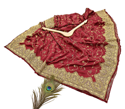 Indian Vintage Heavy Wedding Maroon Dupatta Pure Satin Silk Long Stole Hand Embroidered Scarves Golden Zardozi Bridal Veil