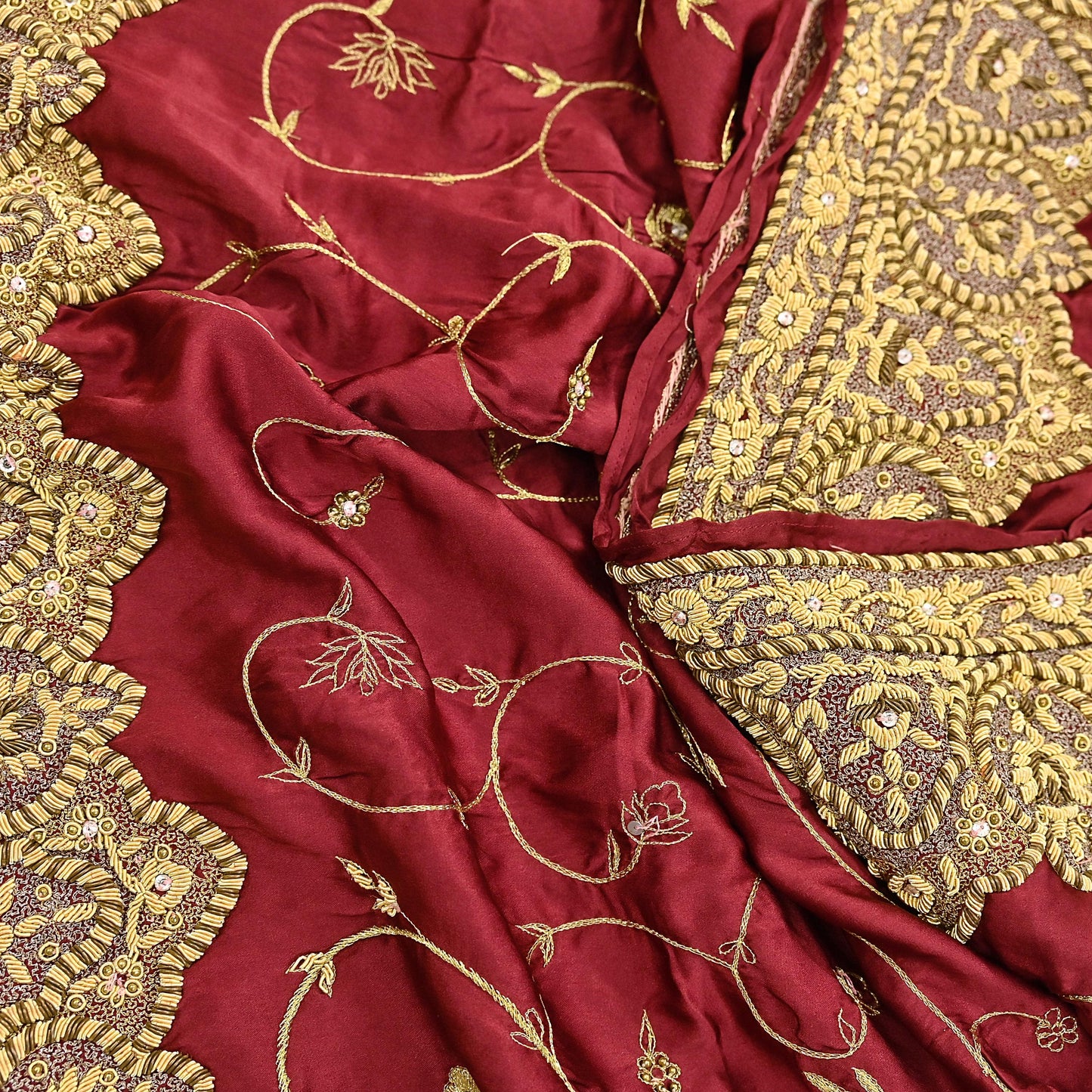 Indian Vintage Heavy Wedding Maroon Dupatta Pure Satin Silk Long Stole Hand Embroidered Scarves Golden Zardozi Bridal Veil