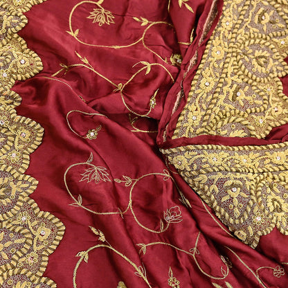 Indian Vintage Heavy Wedding Maroon Dupatta Pure Satin Silk Long Stole Hand Embroidered Scarves Golden Zardozi Bridal Veil