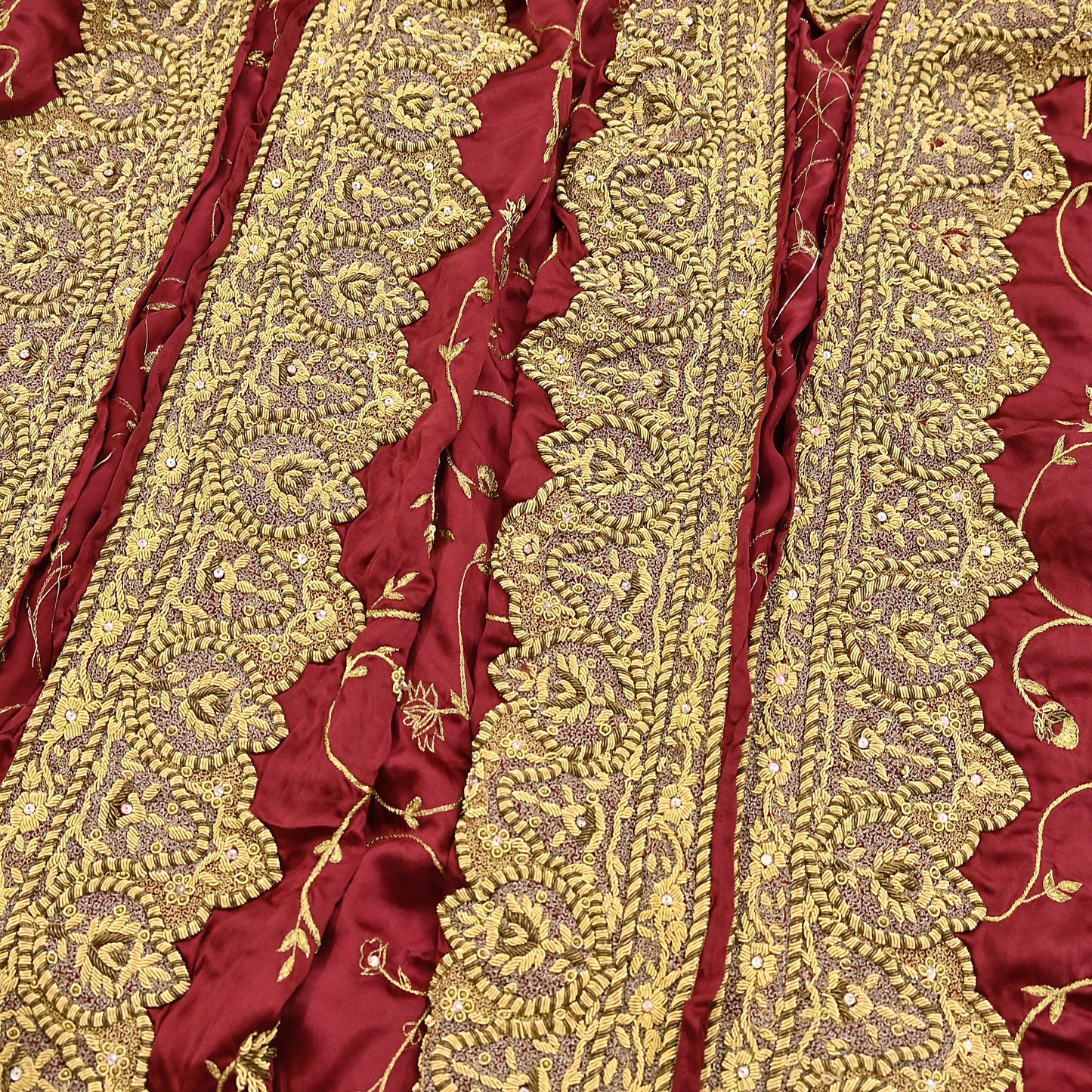 Indian Vintage Heavy Wedding Maroon Dupatta Pure Satin Silk Long Stole Hand Embroidered Scarves Golden Zardozi Bridal Veil