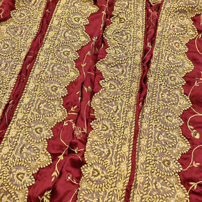 Indian Vintage Heavy Wedding Maroon Dupatta Pure Satin Silk Long Stole Hand Embroidered Scarves Golden Zardozi Bridal Veil