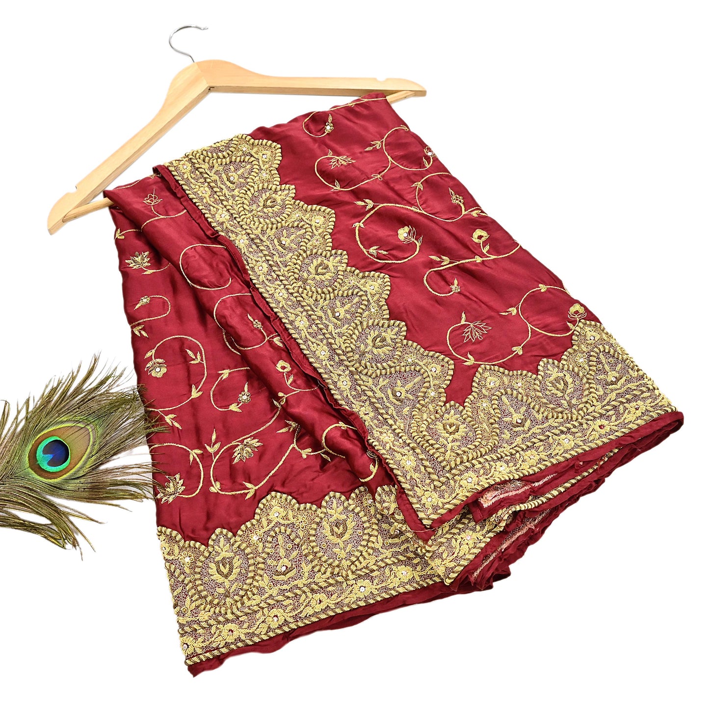 Indian Vintage Heavy Wedding Maroon Dupatta Pure Satin Silk Long Stole Hand Embroidered Scarves Golden Zardozi Bridal Veil