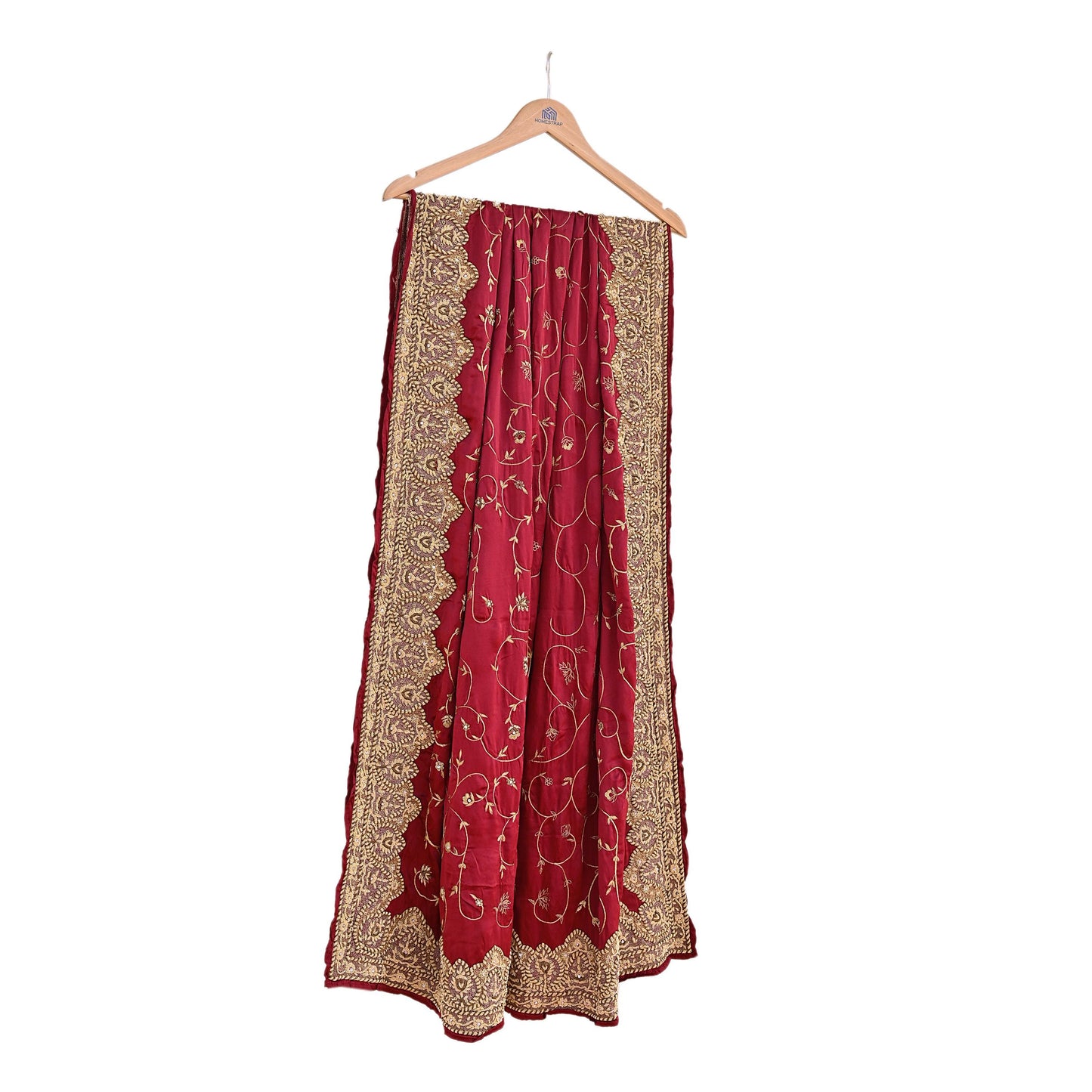 Indian Vintage Heavy Wedding Maroon Dupatta Pure Satin Silk Long Stole Hand Embroidered Scarves Golden Zardozi Bridal Veil