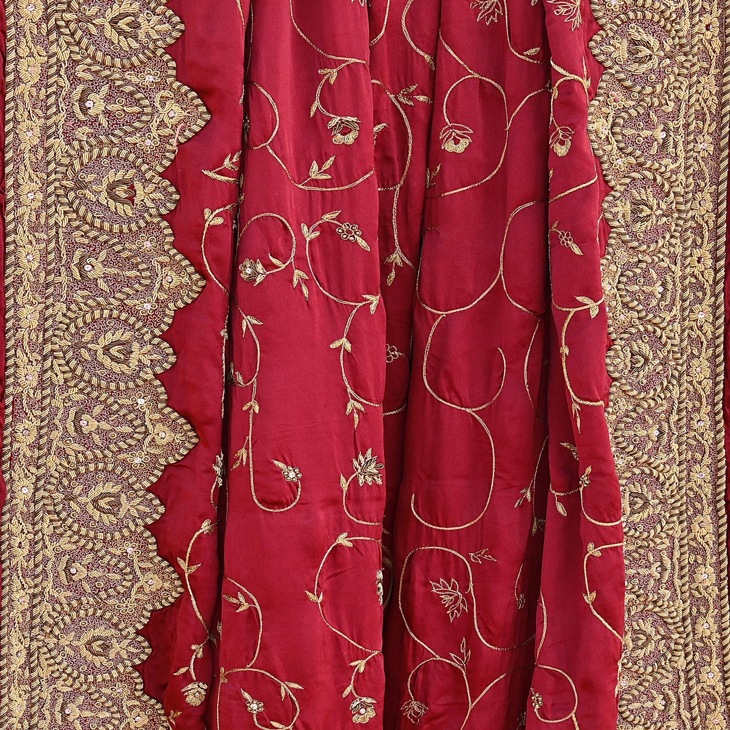 Indian Vintage Heavy Wedding Maroon Dupatta Pure Satin Silk Long Stole Hand Embroidered Scarves Golden Zardozi Bridal Veil