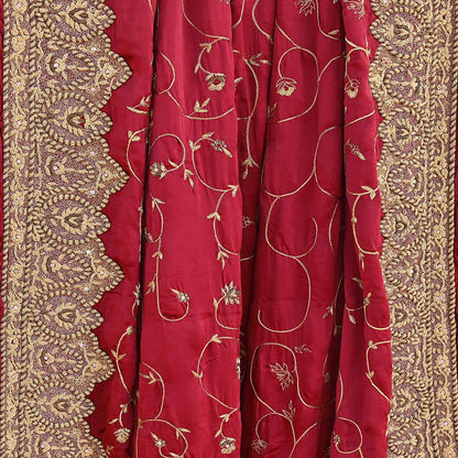 Indian Vintage Heavy Wedding Maroon Dupatta Pure Satin Silk Long Stole Hand Embroidered Scarves Golden Zardozi Bridal Veil
