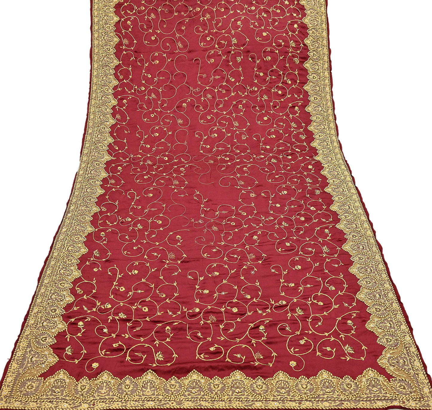 Indian Vintage Heavy Wedding Maroon Dupatta Pure Satin Silk Long Stole Hand Embroidered Scarves Golden Zardozi Bridal Veil