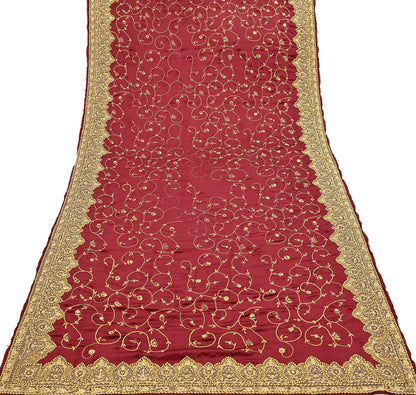 Indian Vintage Heavy Wedding Maroon Dupatta Pure Satin Silk Long Stole Hand Embroidered Scarves Golden Zardozi Bridal Veil