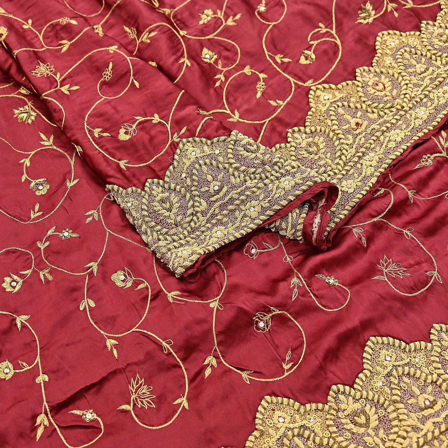 Indian Vintage Heavy Wedding Maroon Dupatta Pure Satin Silk Long Stole Hand Embroidered Scarves Golden Zardozi Bridal Veil