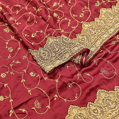 Indian Vintage Heavy Wedding Maroon Dupatta Pure Satin Silk Long Stole Hand Embroidered Scarves Golden Zardozi Bridal Veil