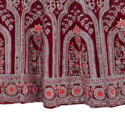 Manish Malhotra Maroon Velvet Lehenga Skirt Heavy Zardozi Dabka Embroidery Indian Bridal Wear, Designer Couture Wedding Outfit