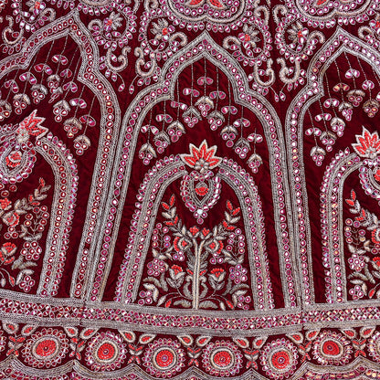 Manish Malhotra Maroon Velvet Lehenga Skirt Heavy Zardozi Dabka Embroidery Indian Bridal Wear, Designer Couture Wedding Outfit