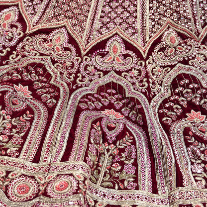 Manish Malhotra Maroon Velvet Lehenga Skirt Heavy Zardozi Dabka Embroidery Indian Bridal Wear, Designer Couture Wedding Outfit