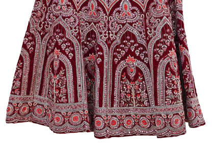 Manish Malhotra Maroon Velvet Lehenga Skirt Heavy Zardozi Dabka Embroidery Indian Bridal Wear, Designer Couture Wedding Outfit