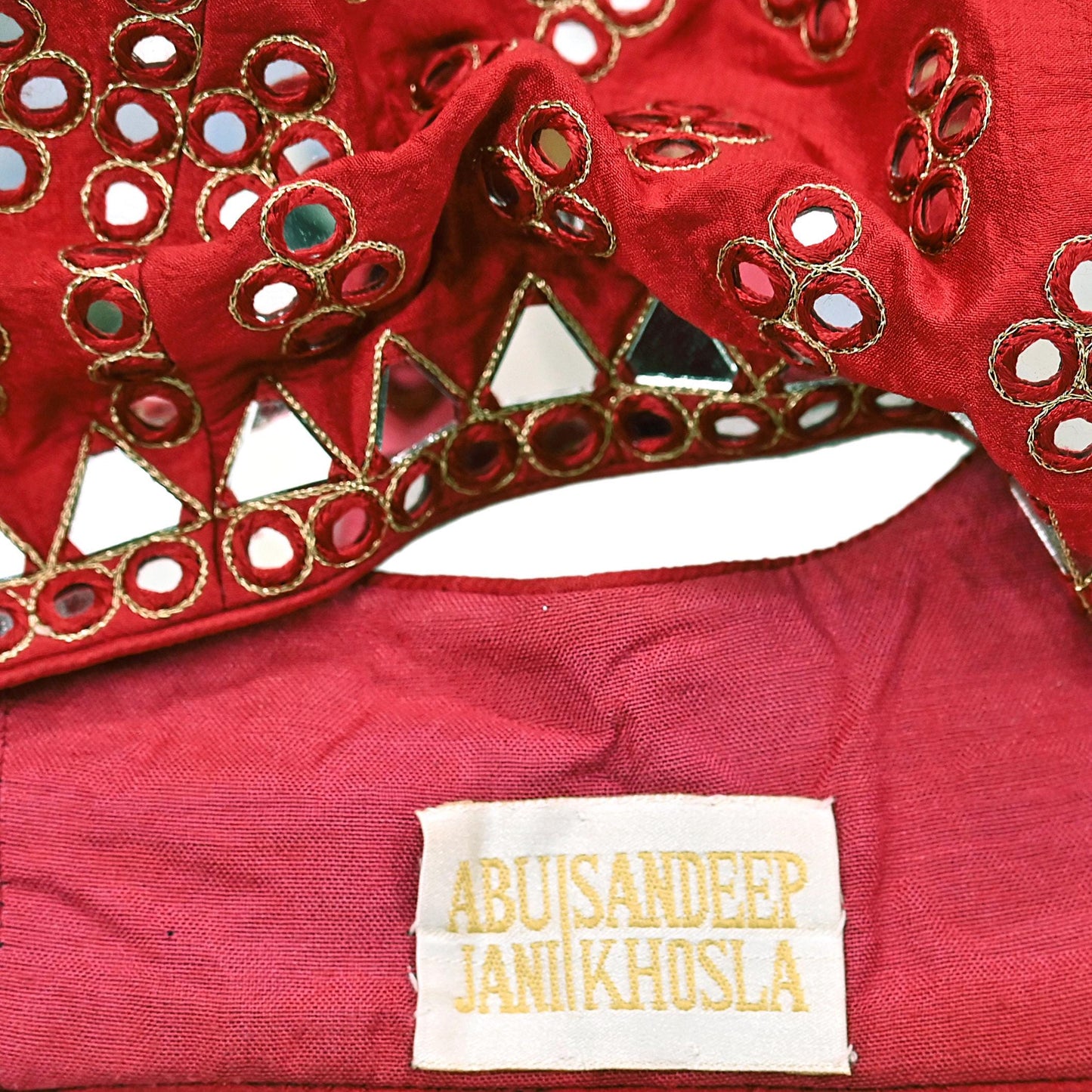 Indian Pre-owned Red Pure Silk Hand Embroidered By Designer Abu Jani Blouse/Top/Crop 34 M Size Party wear Bollywood