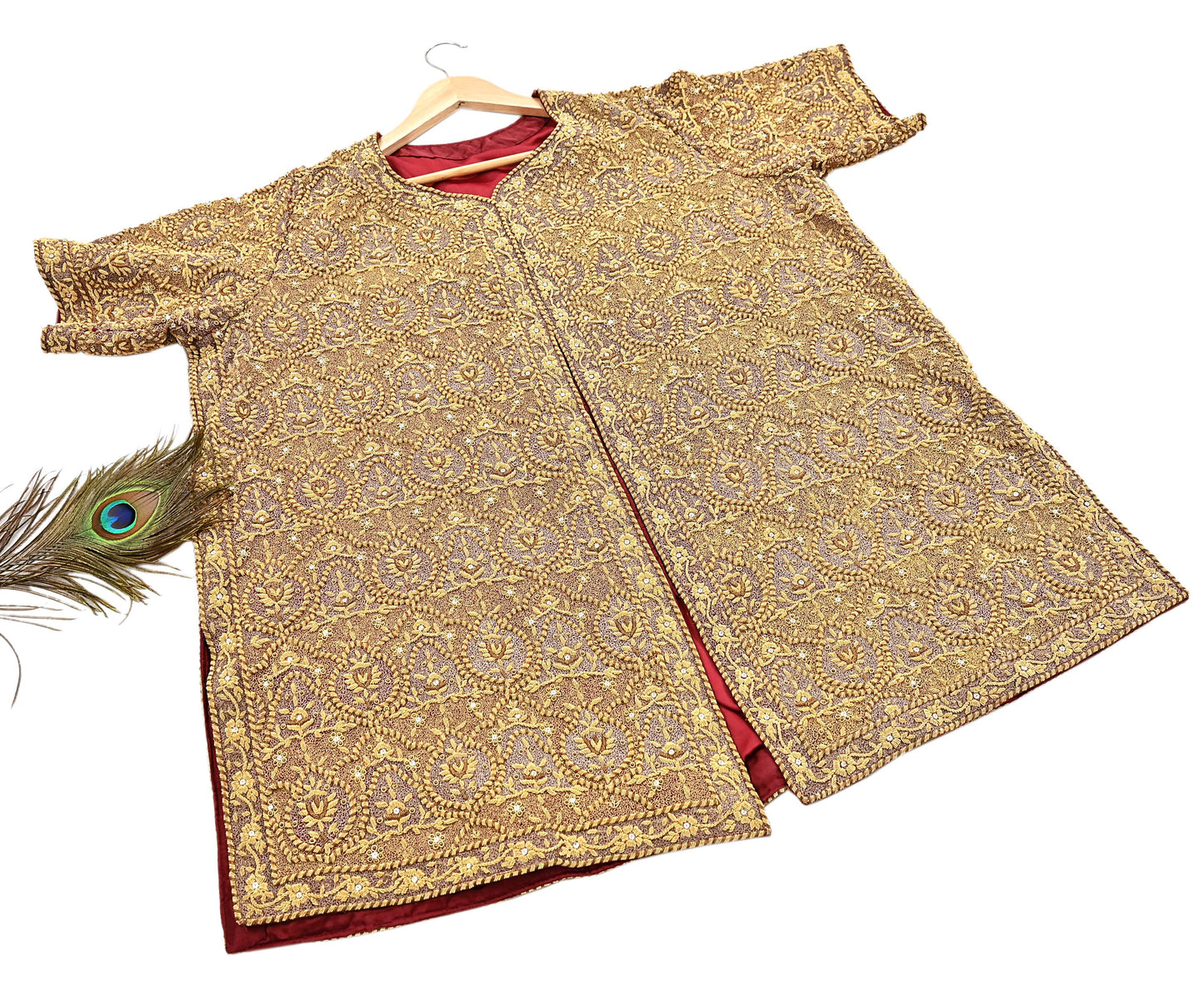 Indian Pre-owned Maroon Pure Satin silk Hand Embroidered Blouse/long Top 2XL Size Party wear Bollywood