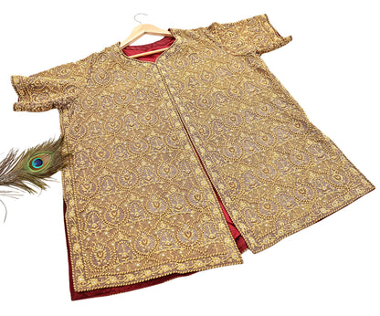 Indian Pre-owned Maroon Pure Satin silk Hand Embroidered Blouse/long Top 2XL Size Party wear Bollywood